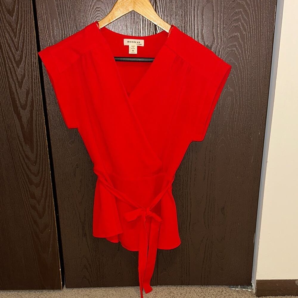 Monteau Vibrant Red Tie-Waist Blouse - size medium